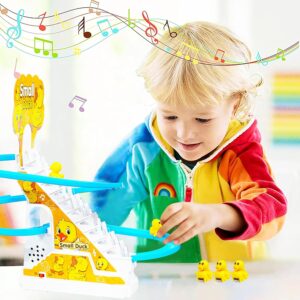 Duck Slide Toy Set, Funny Automatic Duck Chasing Race Track Game Set, Climbing Duckling Lovely Toy Escalator with Lights and Music, Cute Cartoon Ladder with 3 Ducks