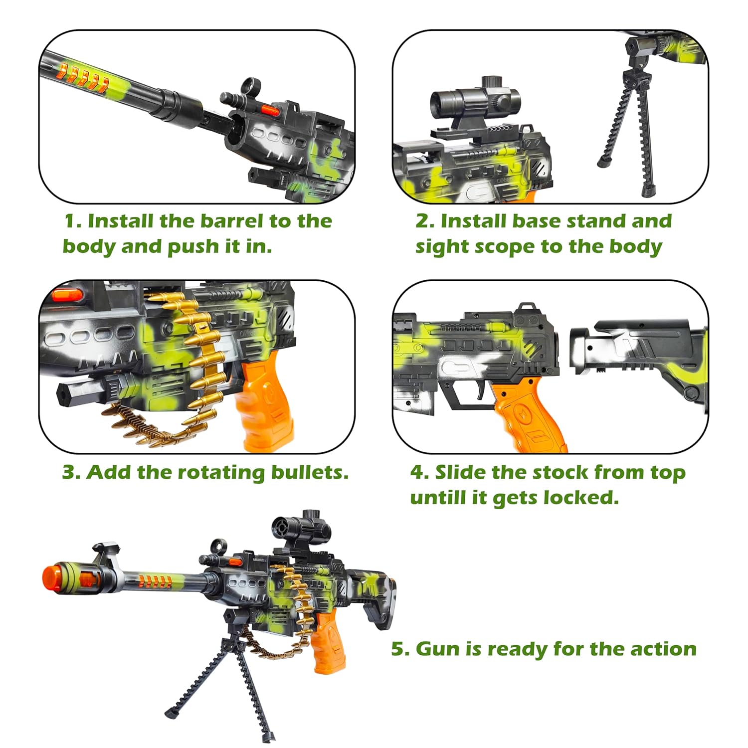 Machine Gun Toy with Stand and Carry Strap, Flashing Lights & Sound Effect | Army Printed/Multi Color - Image 3
