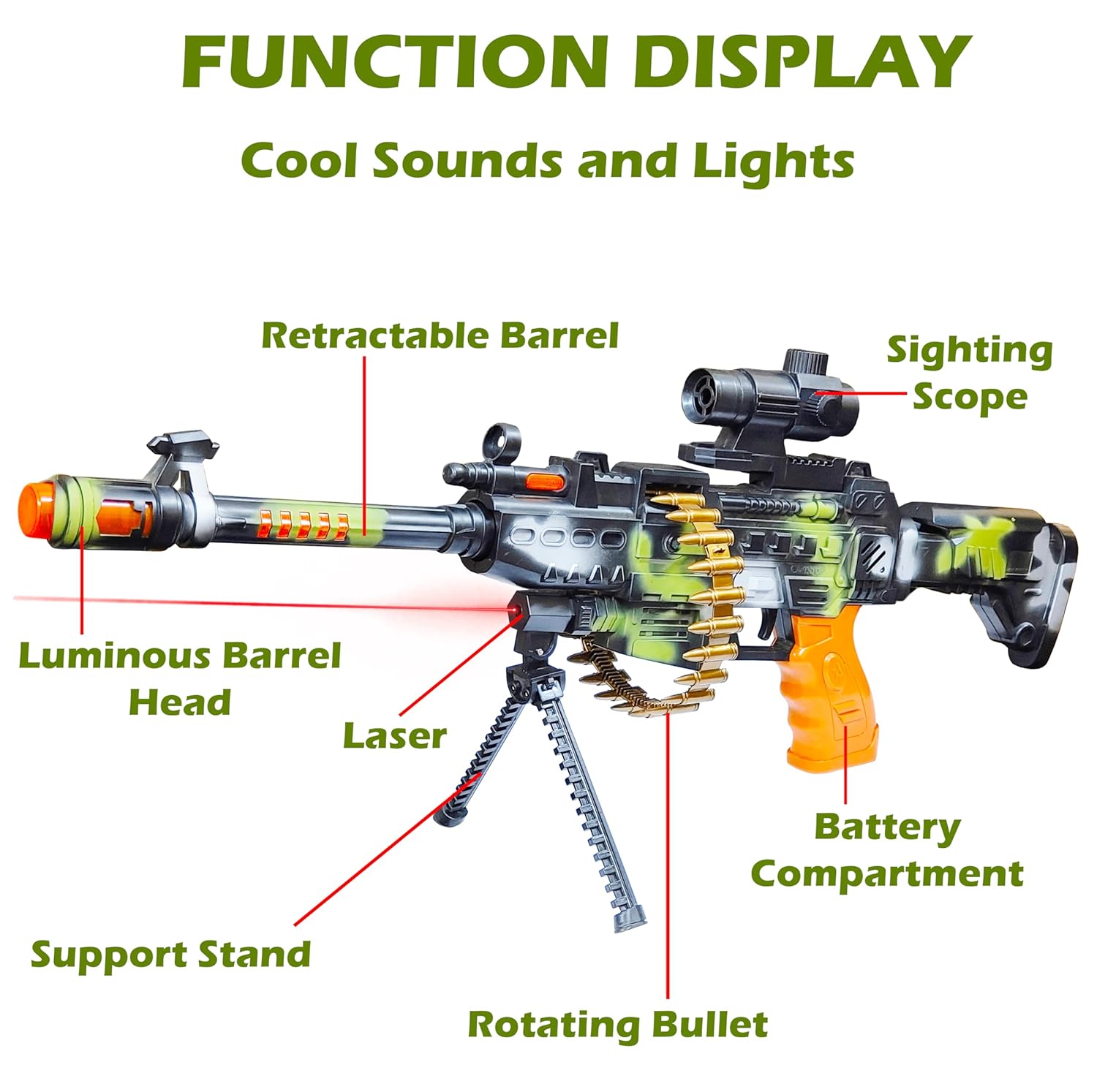 Machine Gun Toy with Stand and Carry Strap, Flashing Lights & Sound Effect | Army Printed/Multi Color - Image 4