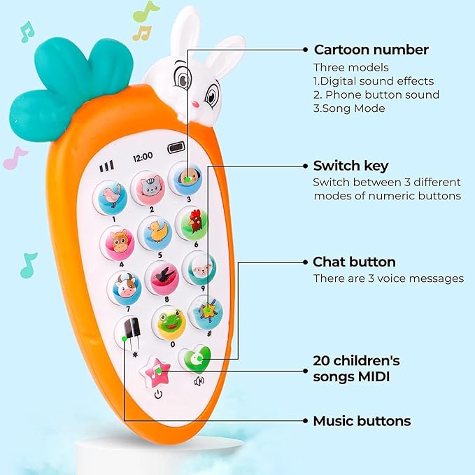 Radish Style Cute Rabbit Face Pretend Play Cell Phone Toy for Kids, Toddlers with Music, Ringtones, Lights - Birthday Party Favors and Gifts for Boys and Girls - Image 6