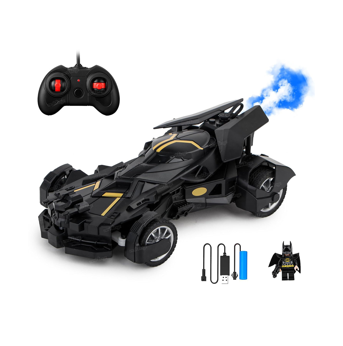 Batman Remote Control Car for Kids with Mist Spray Action Flashing Lights 10 Feet Range Rechargeable RC Car for Boys and Girls 3 Years+ (Black)