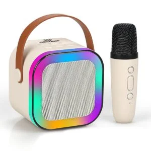 Karaoke Mic with Speaker for Singing Rechargeable Wireless Mini Portable Bluetooth Speaker Karaoke System for Home with Microphone & LED Lights Birthday Gift for Kids Toys for Girls Boys Adult